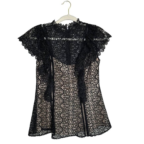 Pearl by Lela Rose Lace Ruffle Top Blouse Black Tan Size 6 - Picture 1 of 8